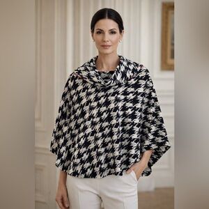 Joseph Ribkoff Houndstooth Rounded Hem Poncho Black and White With Red Piping S